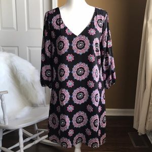 Sheer overlay v-neck dress with slit 3/4 sleeves